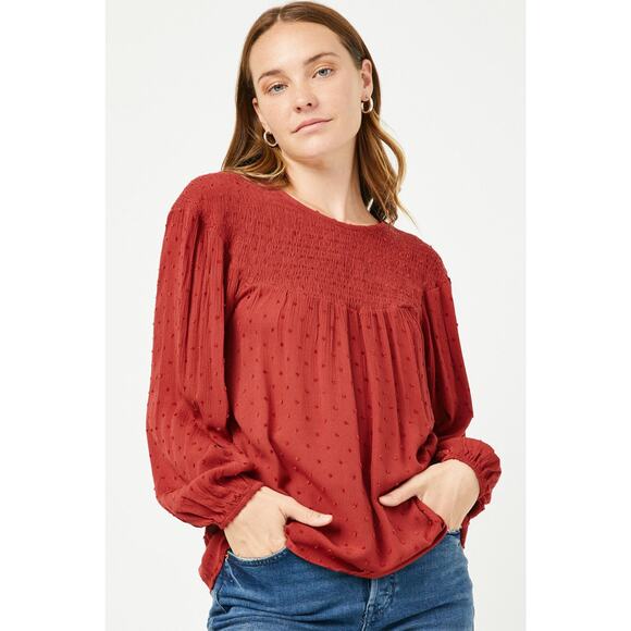 HAYDEN Bailey Misses Burgundy Swiss Dot Smocked Baby Doll Top Large - Picture 1 of 5